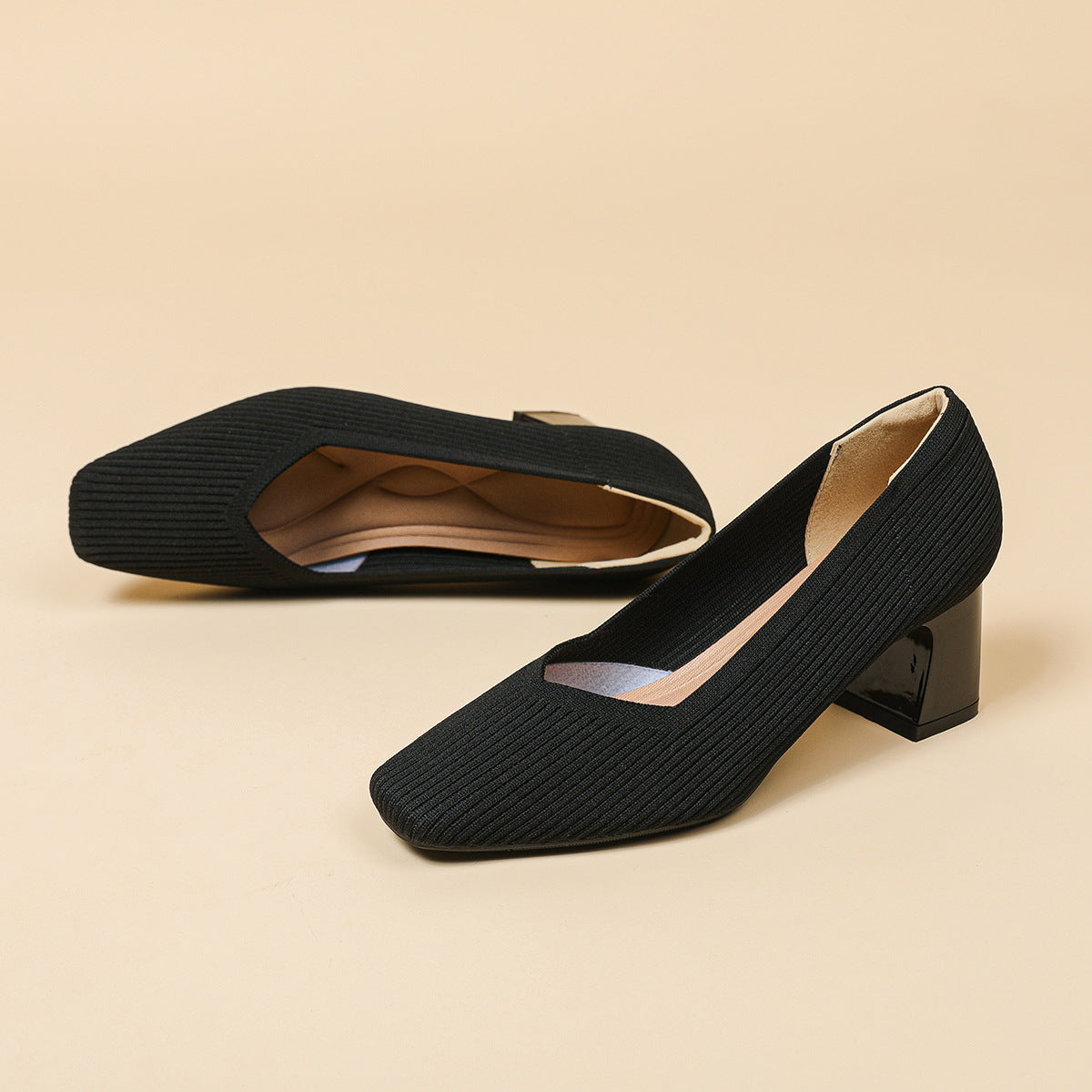 Women's Chunky Heel Square Toe Slip-On High Heels | Flyknit Upper | Multiple Colors