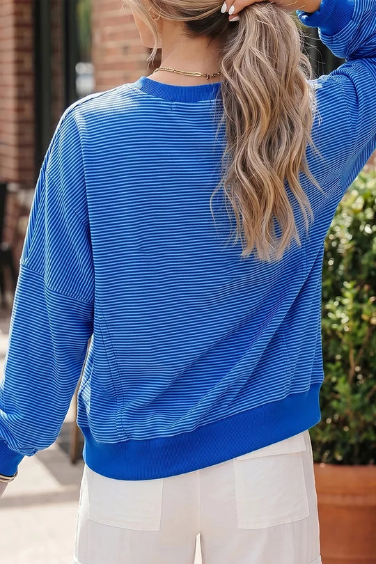 Another view: Striped Ribbed-Cuff Pullover — Royal Blue
