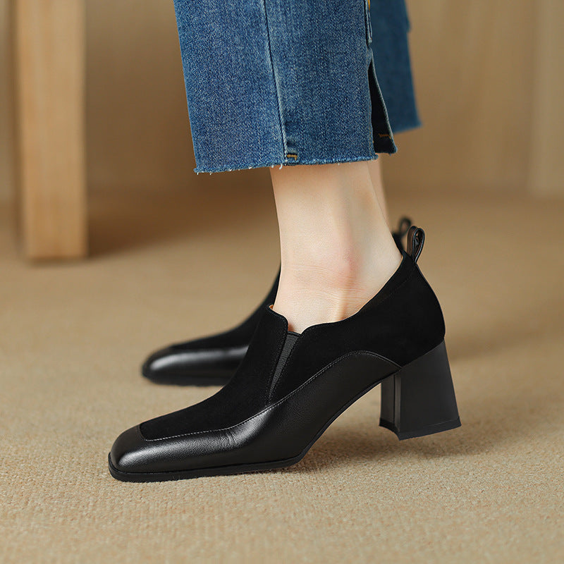 Women's Retro Square-Toe Chunky Heel Dress Shoes - Genuine Leather High Heels