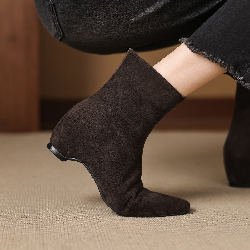 Women's Ankle Boots With Height Lift, Side Zipper & Fleece Lining | Square Toe Block Heel
