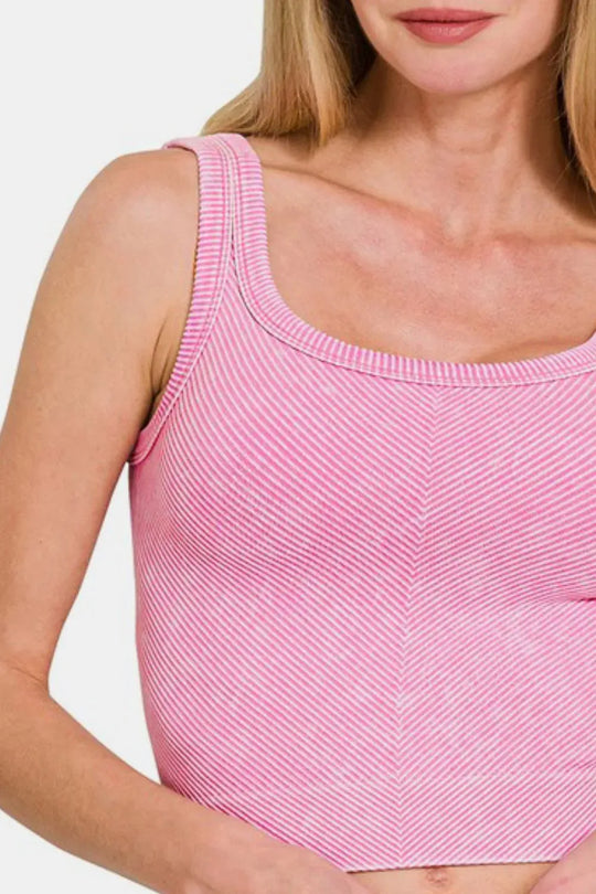 Another view: Washed Ribbed Scoop Neck Wide Strap Tank — CANDY PINK