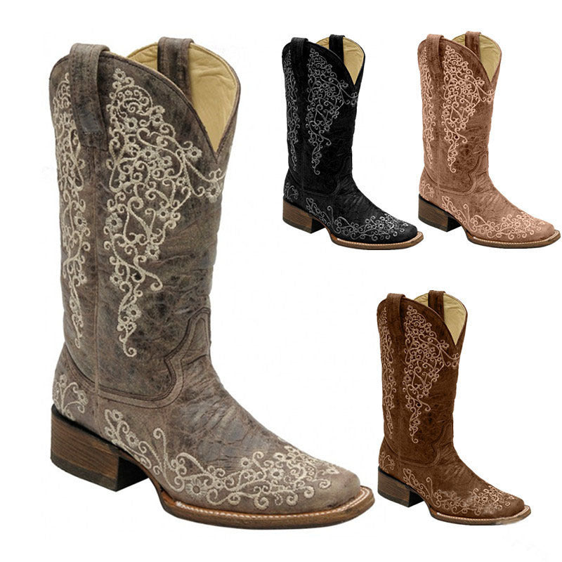 Women's Embroidered Chunky Heel Square Toe Mid-Calf Knight Boots | Slip-On Winter Boots