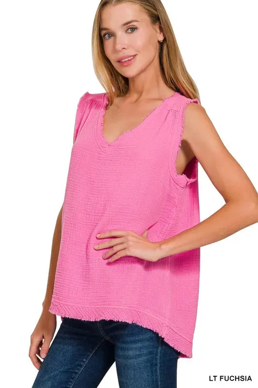 Another view: Double Gauze Raw Edge V-Neck Tank — LT FUCHSIA