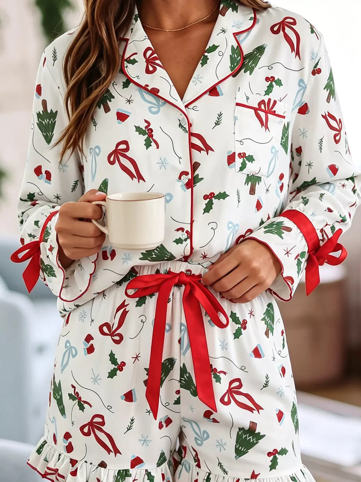 Women's Christmas Print Ruffle-Cuff Lounge Set — photo 3