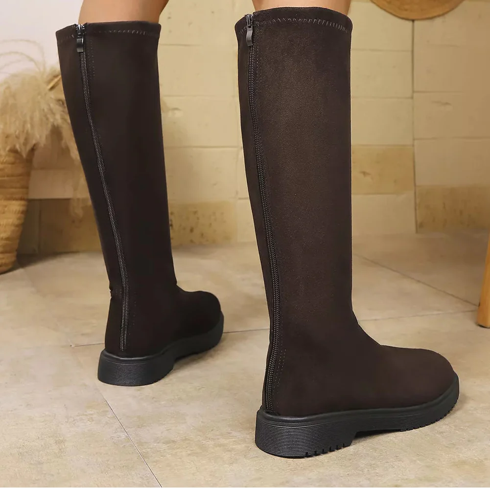 Women's Knee-High Suede Boots | Round Toe Mid-Heel Pull-On Boot