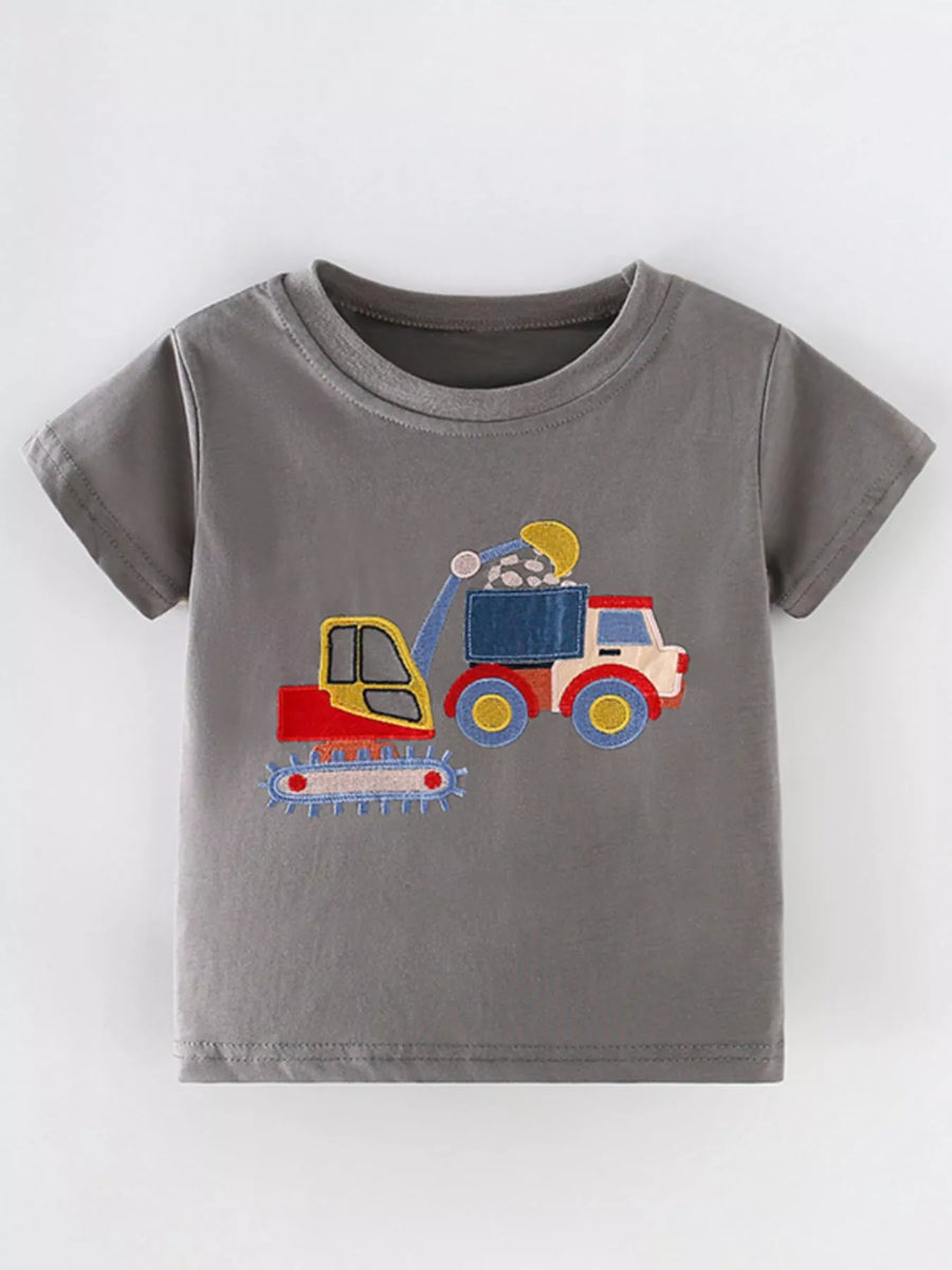 Kids’ Embroidered Construction Vehicle T-Shirt — Gray