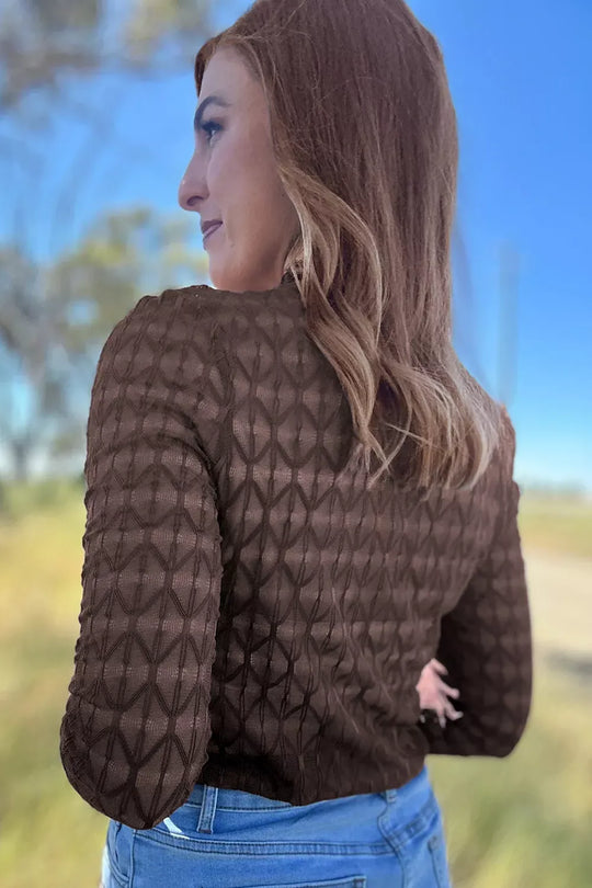 Another view: Sheer Textured Lace Stand Neck Long-Sleeve Top