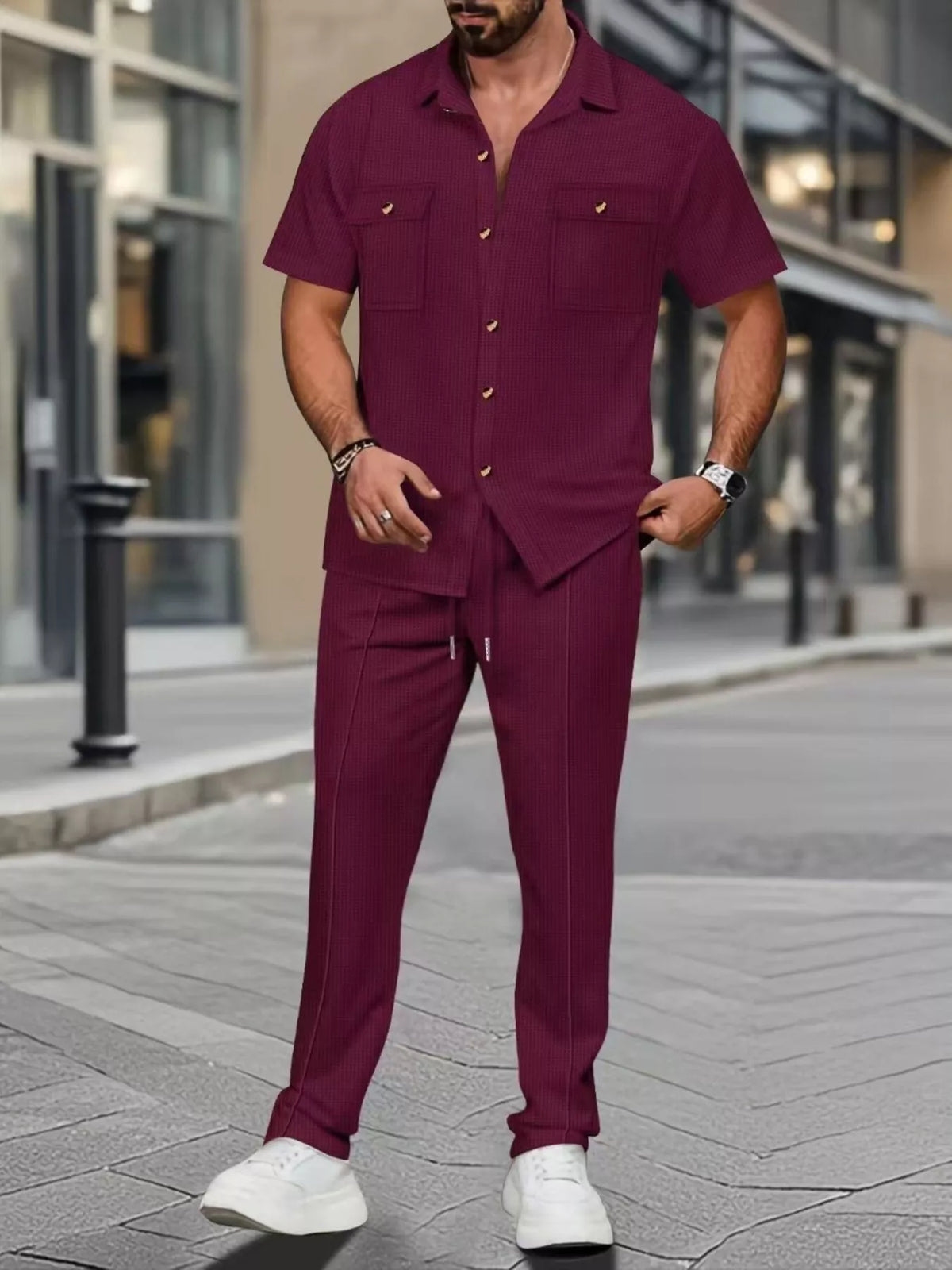 Men's Full Size Casual Short Sleeve Shirt and Pants Set Plus Size