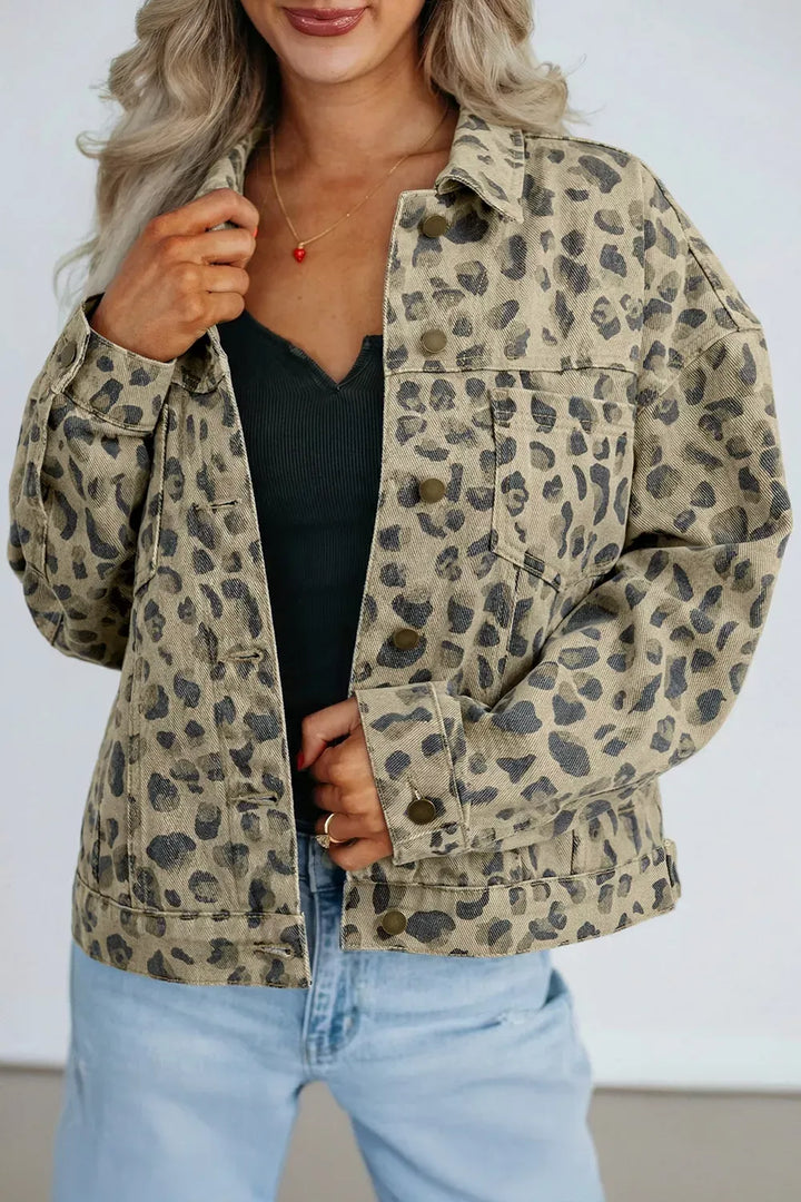Leopard Print Seam Detail Button-Down Denim Jacket
