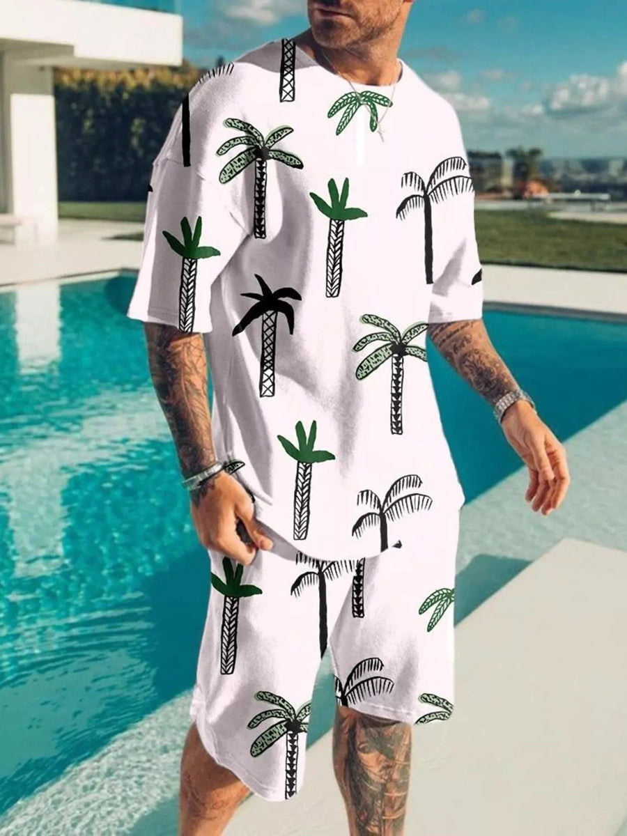 Men's Full Size Palm Tree Print Top and Shorts Set Plus