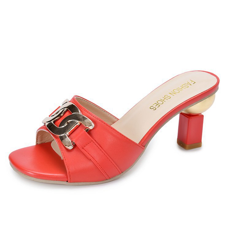 Women's Metal Buckle High Heel Peep Toe Slippers | Block Heel Open Toe Mules in PU Leather