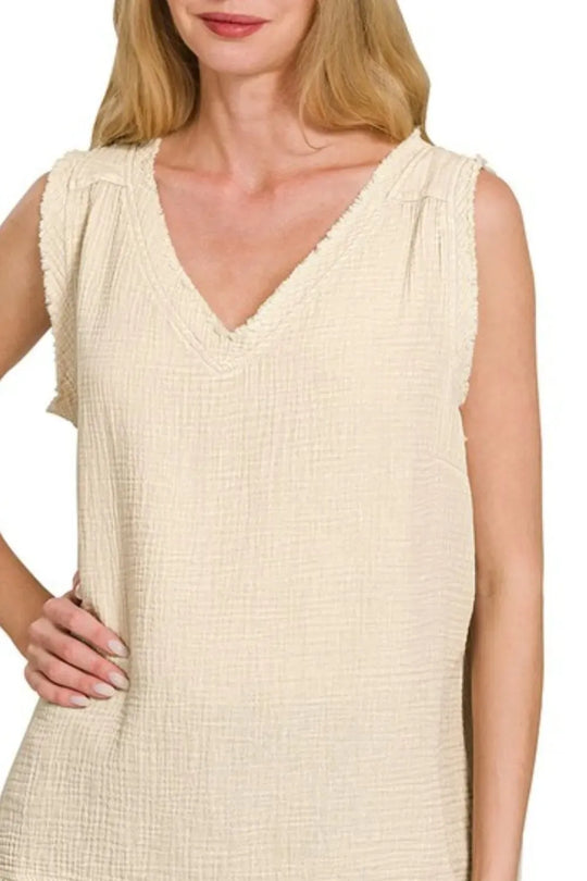 Another view: Double Gauze Raw Edge Acid Washed Tank — Sand Beige
