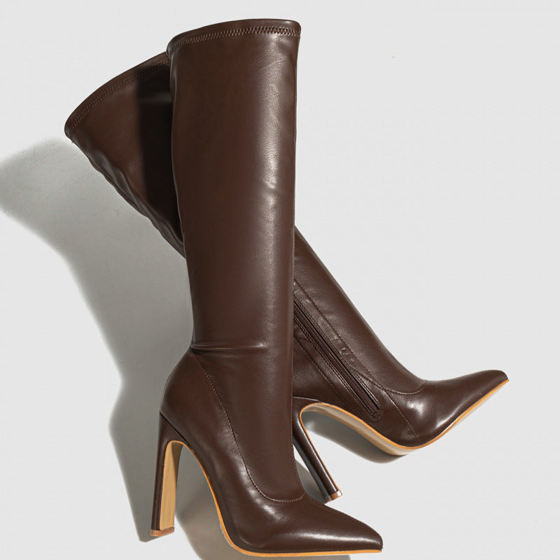 Pointed Toe Satin Mid-Calf Knight Boots with Side Zipper | Chunky Heel | Black & Brown