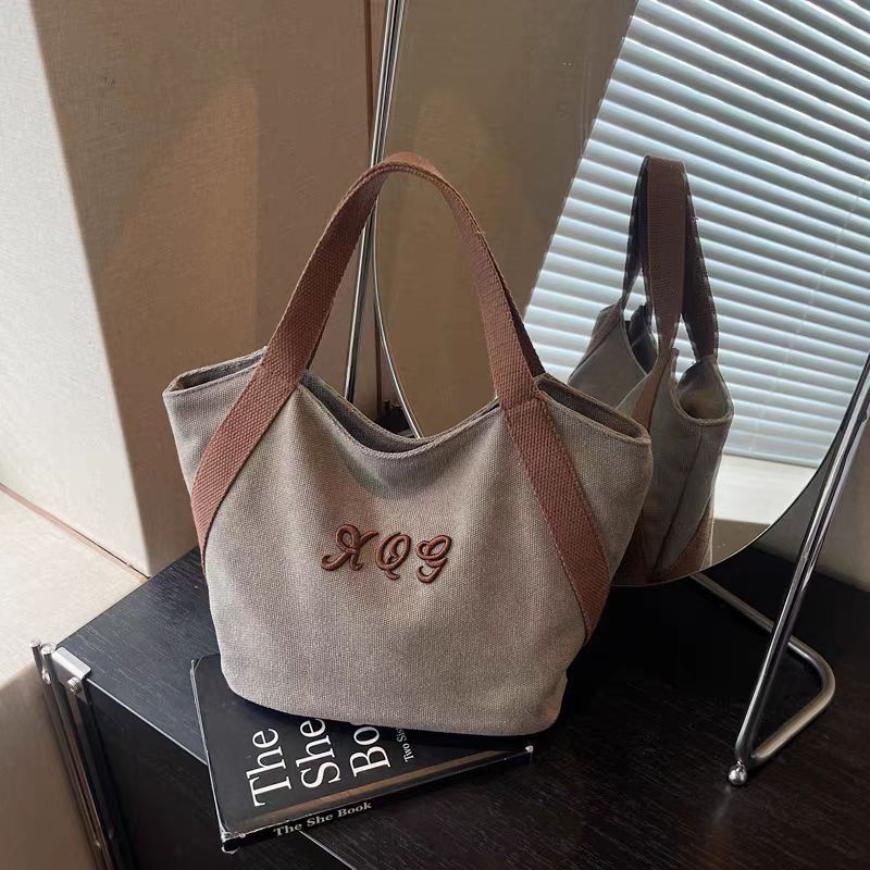 Women's Canvas Tote Bag with Letter Print - Fashionable Dumpling Bag