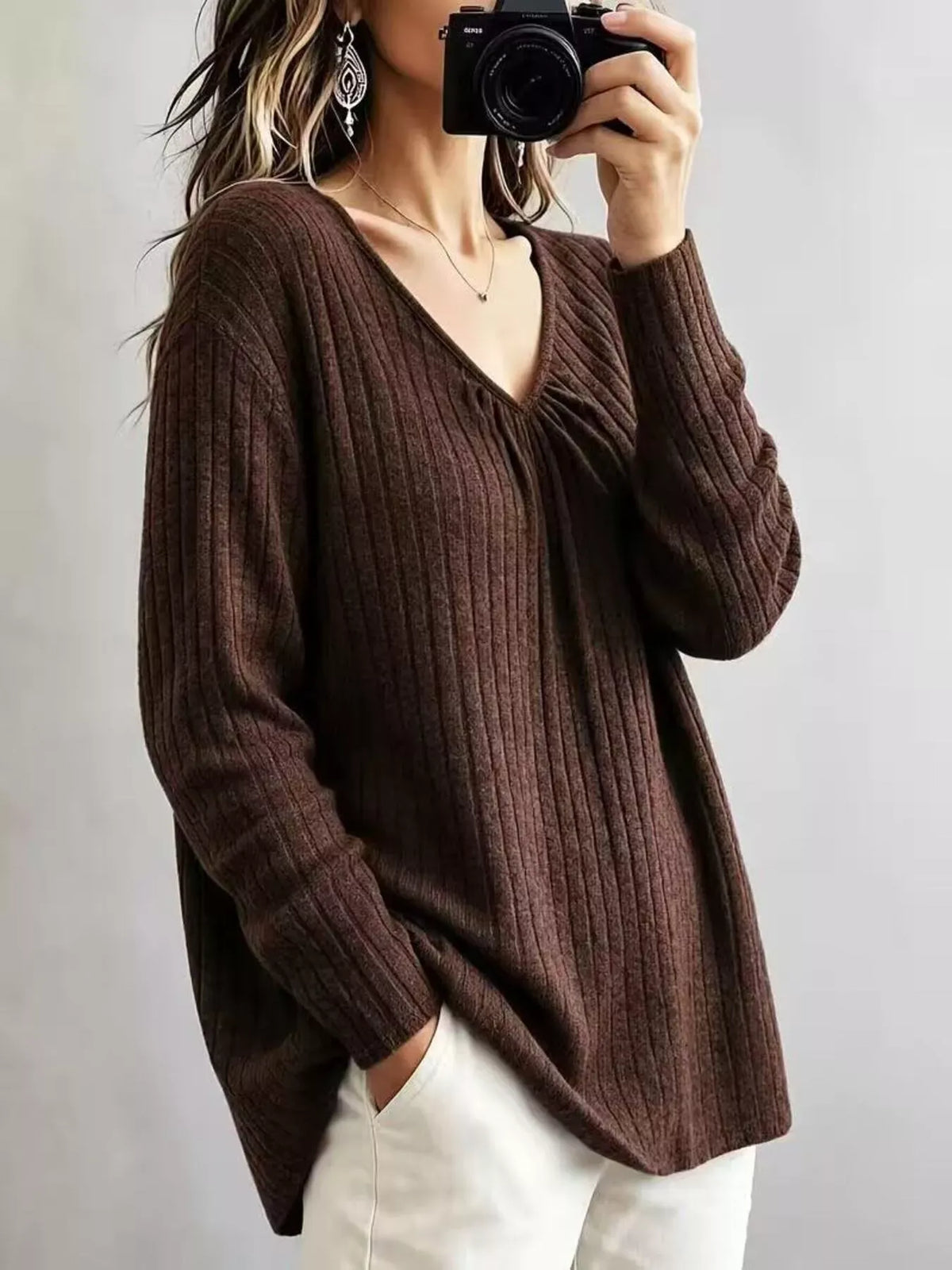 Women's Ribbed V-Neck Long-Sleeve Top — photo 6