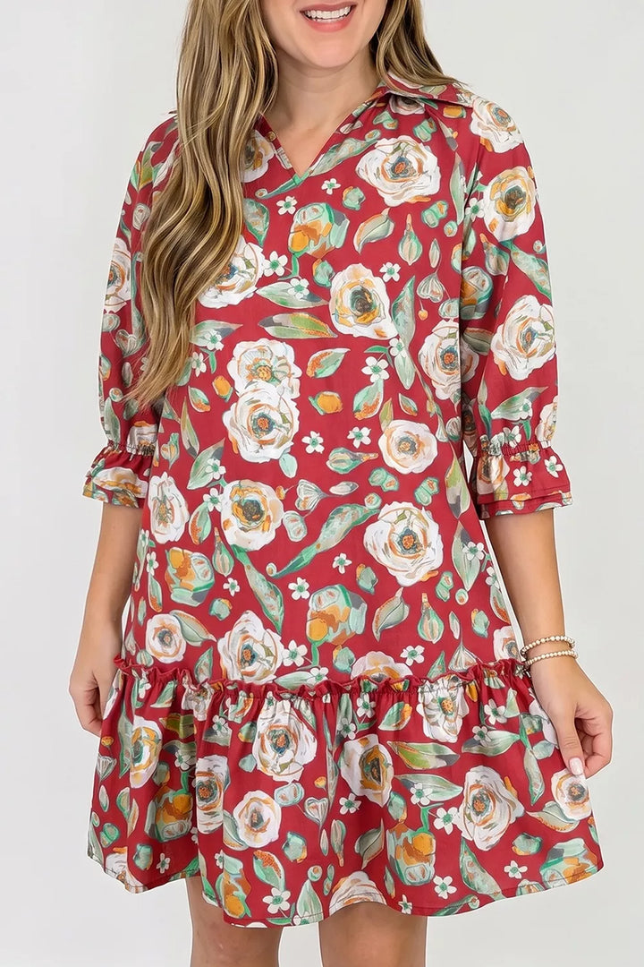 Rust floral button-front shift dress.