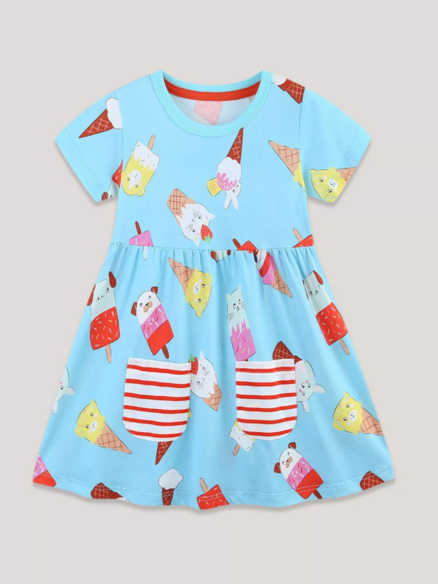 Girls' Ice-Cream Print Pocket Dress – Pastel Blue