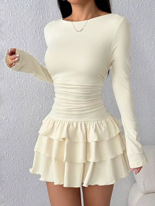 Another view: Ruched Long-Sleeve Layered Ruffle Mini Dress