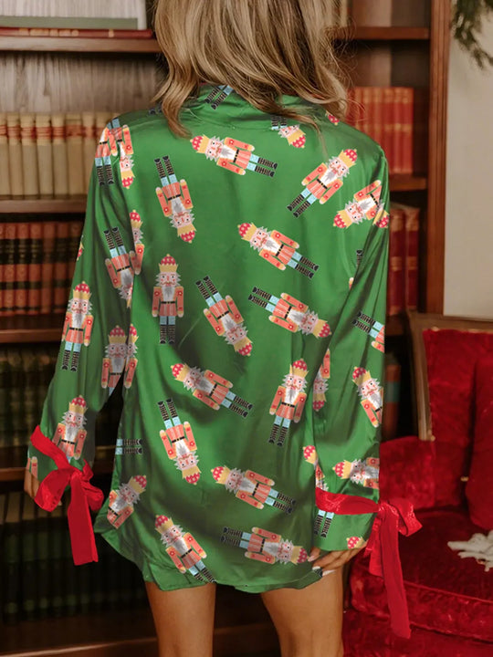 Another view: Nutcracker Button-Up Top & Shorts Lounge Set — Green