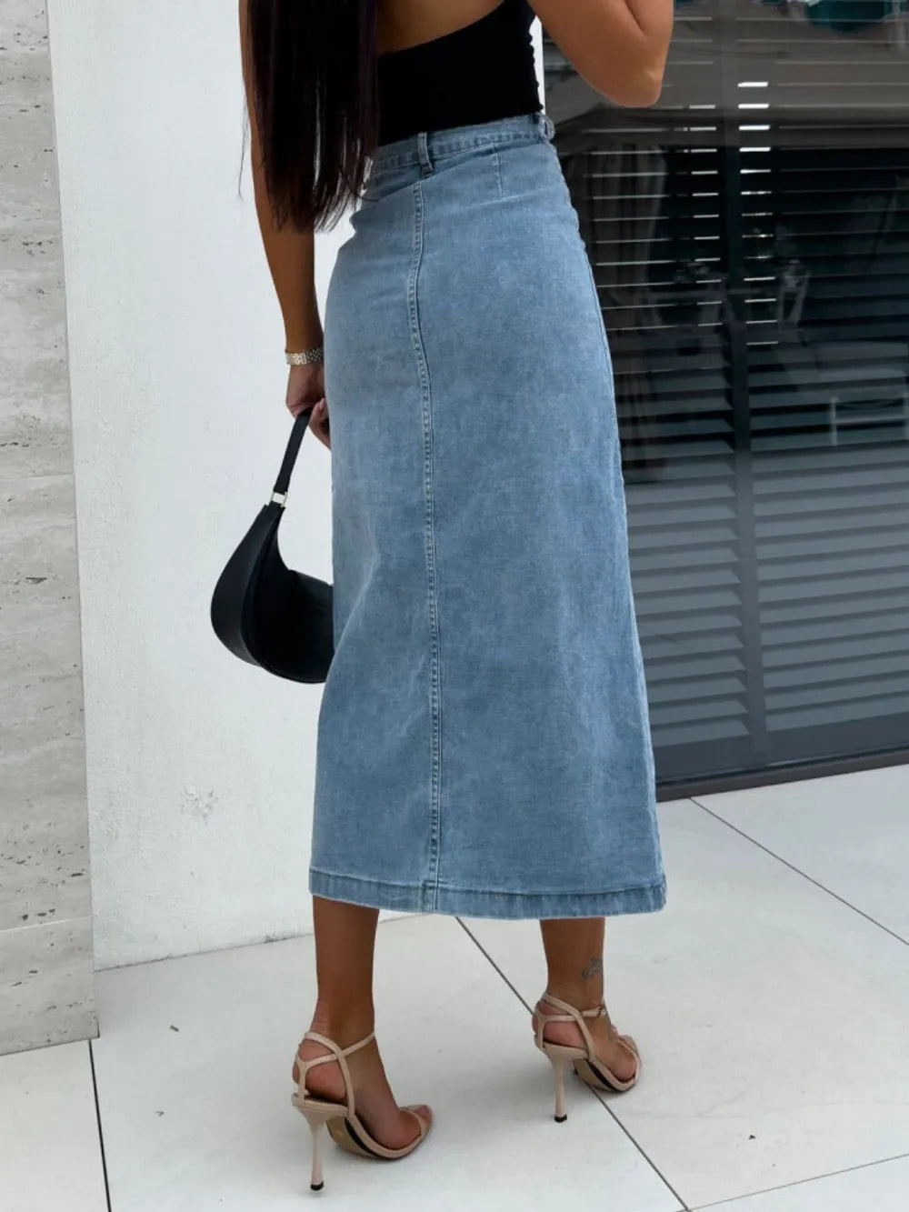 Women's Front-Button Slit Midi Denim Skirt