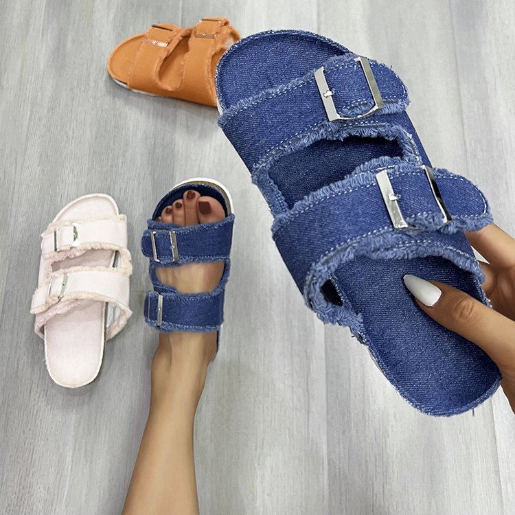 Women's Outdoor Belt-Buckle Flat Slide Sandals – Casual Denim Beach Sandals