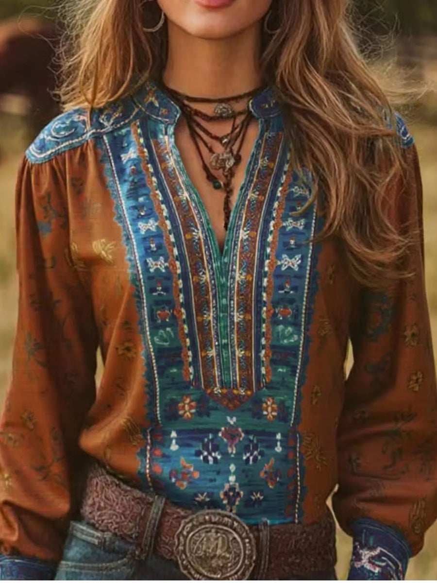 Printed Notched Long-Sleeve Blouse