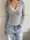 Women's grey ribbed lace-trim Henley top