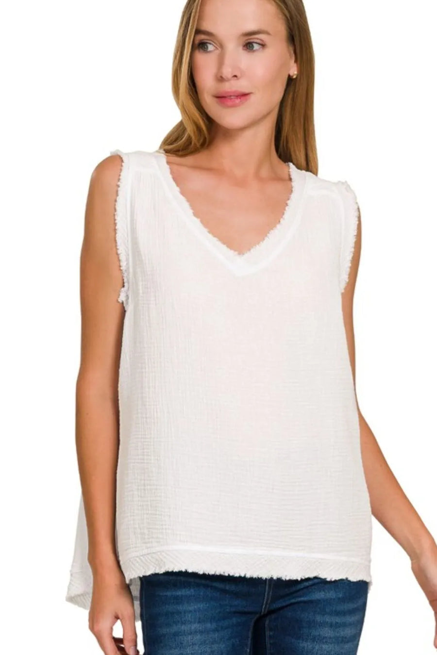 Double Gauze Raw Edge V-Neck Tank