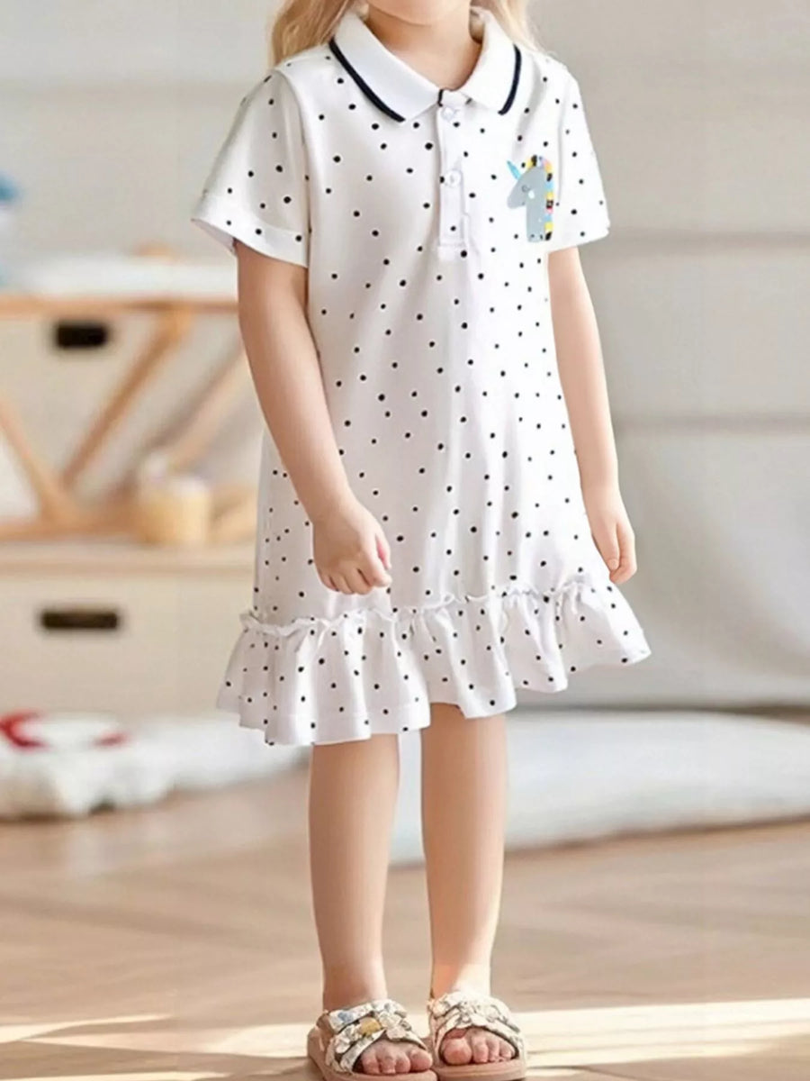 Girls' Polka-Dot Ruffle-Hem Polo Dress – White