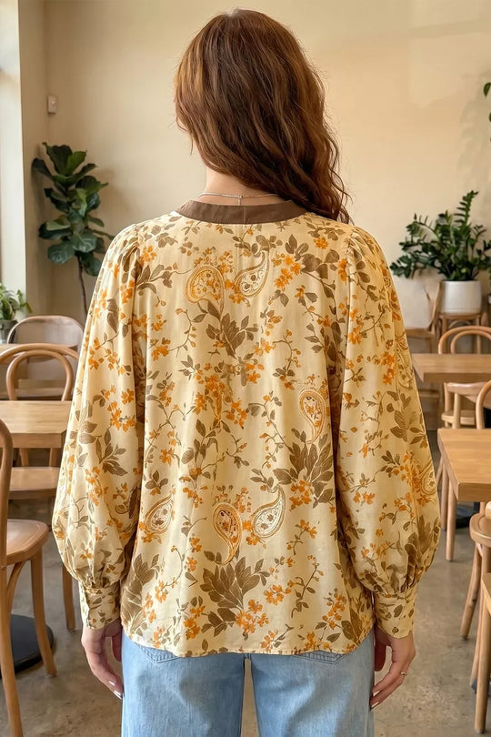 Another view: Paisley Tie-Neck Long-Sleeve Shift Top — Tan