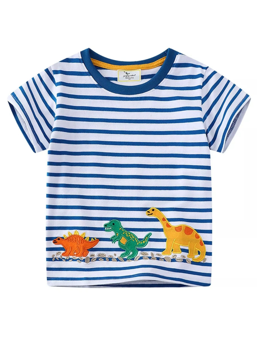 Kids’ Dinosaur Striped Cotton T-Shirt — Peacock Blue