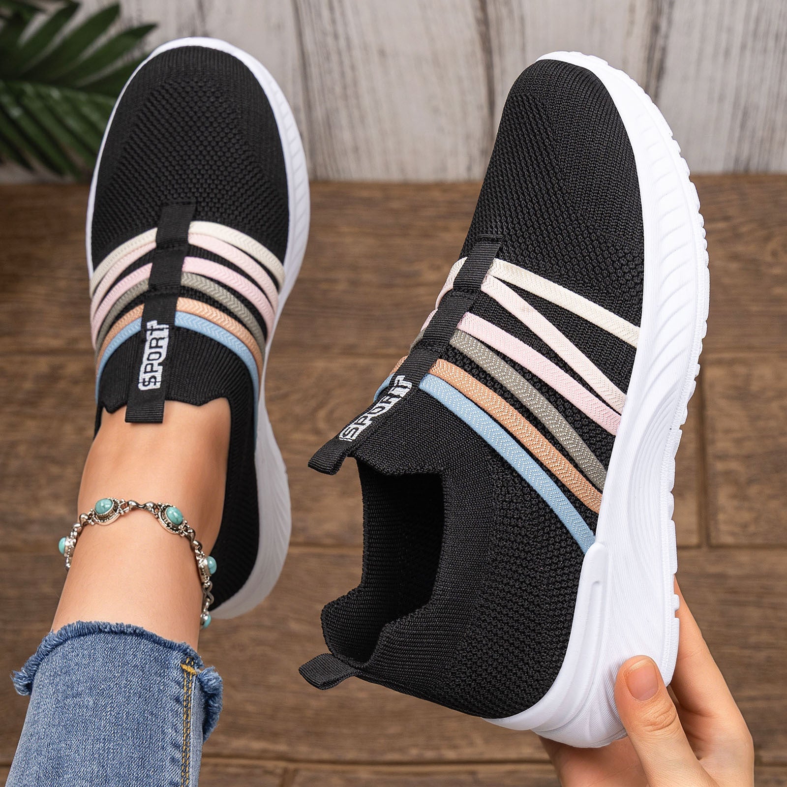 Women's Breathable Flyknit Slip-On Casual Shoes | Lightweight Mesh Striped Sneakers | Sarah Express