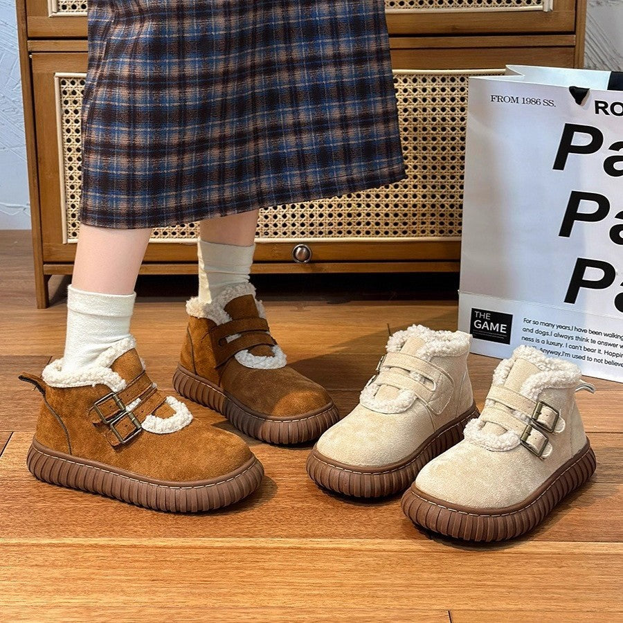 Women's Fleece Lined Snow Boots | Buckle Ankle Boots with Thick Sole | Beige & Brown
