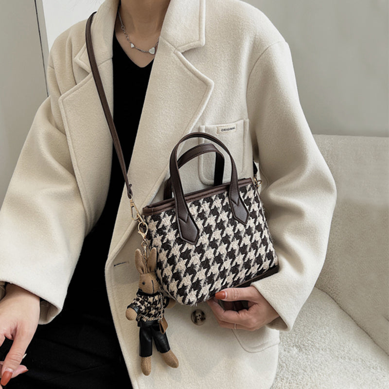 Women's Houndstooth Shoulder Bag | Checkered Wool Crossbody Handbag & Messenger Tote