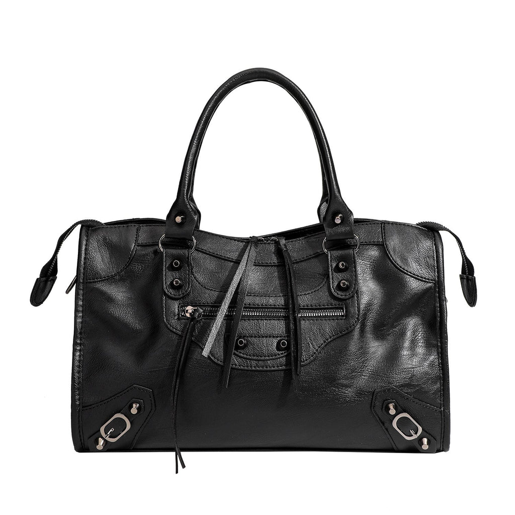 Women's French-Style Studded Biker Crossbody Bag - Premium PU Leather Shoulder Bag