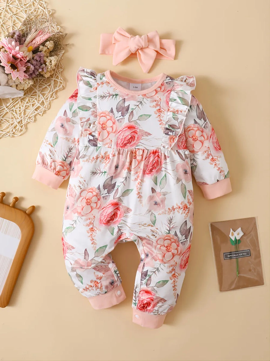 Floral Ruffle Jumpsuit & Headband — Watermelon Pink