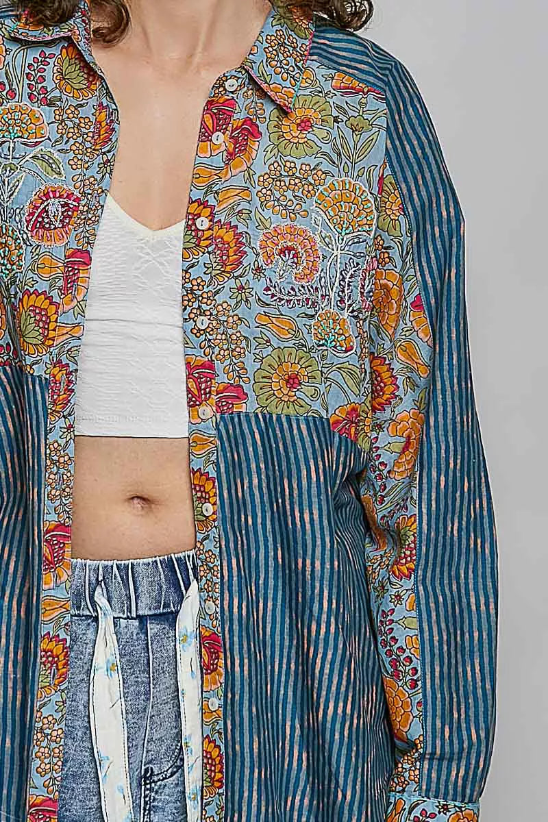 POL Mixed-Print Patchwork Long-Sleeve Shirt