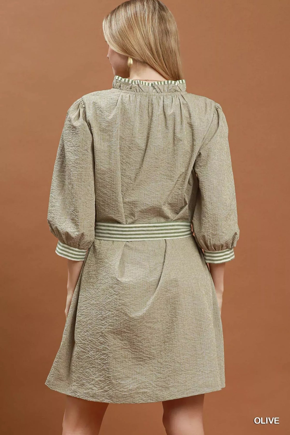 Umgee Textured Contrast Trim Tie Waist Mini Dress — photo 3