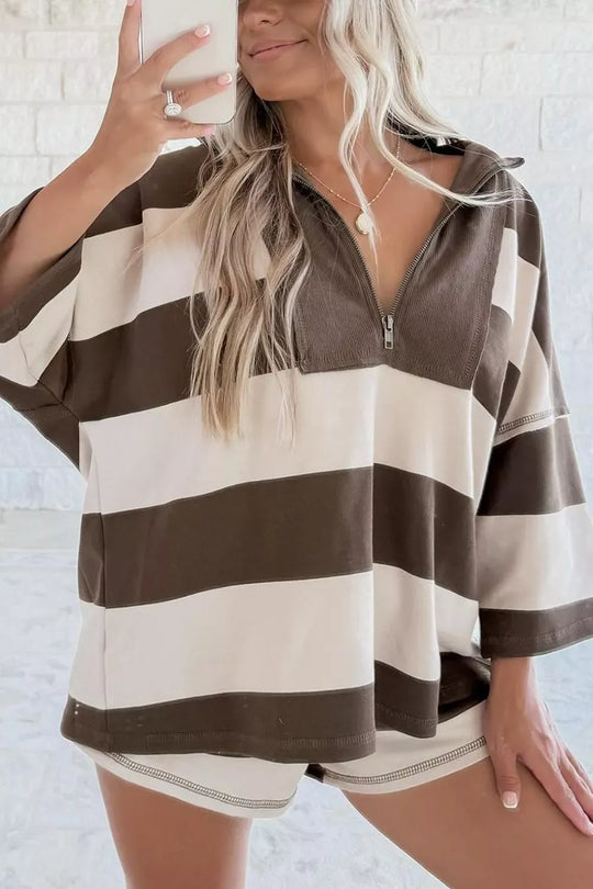 Another view: Striped Color-Block Zip-Collar Sweatshirt — Coffee Brown