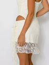 Milky-white ruffled floral-lace mini skirt