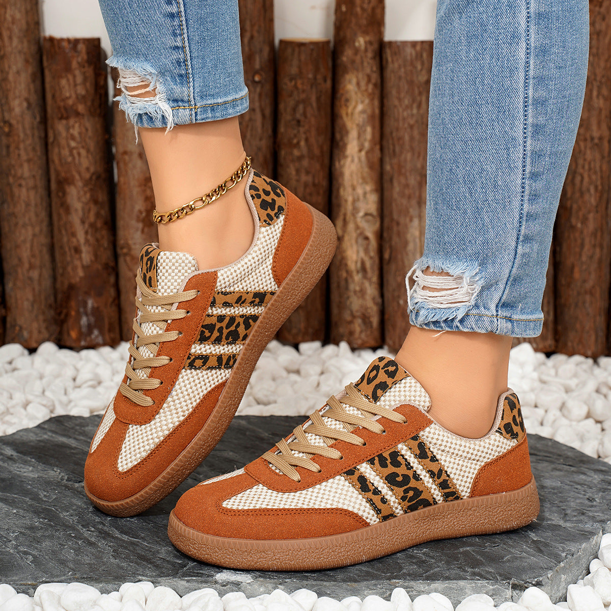 Retro Color-block Lace-up Flat Sneakers – Women's Round Toe PU Mesh Shoes
