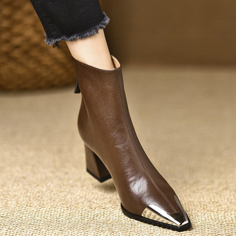 Pointed-Toe Chunky-Heel Leather Ankle Boots