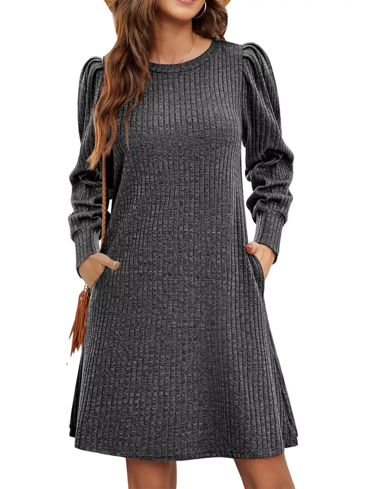 Puff-Sleeve Ribbed Knit Dress with Pockets