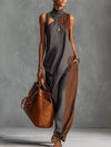 Dark gray color-block mock-neck sleeveless maxi dress with pockets.