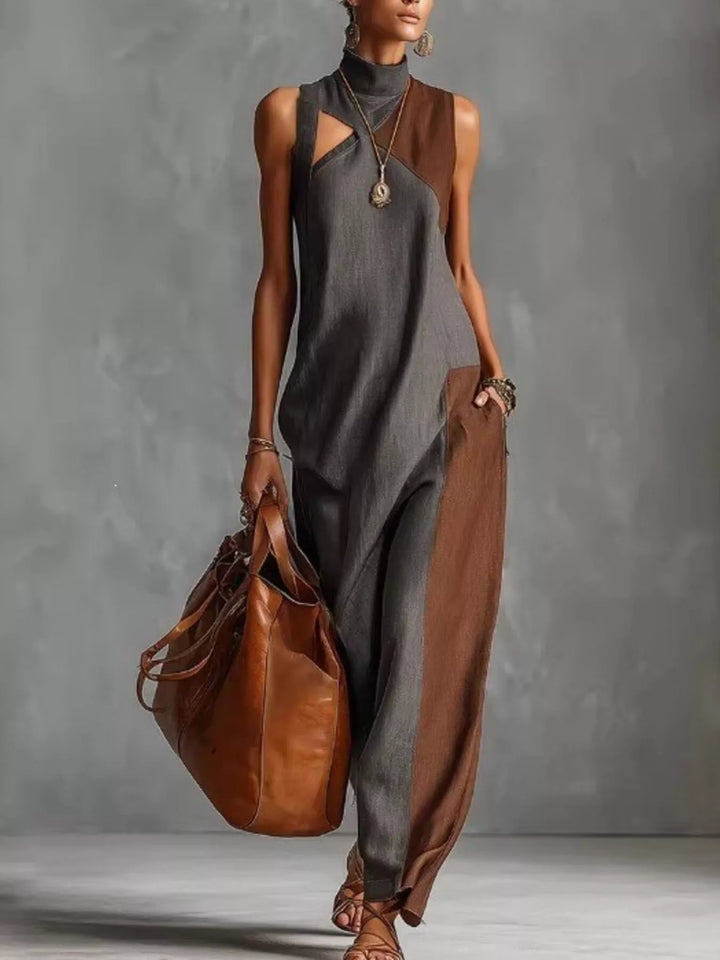 Dark gray color-block mock-neck sleeveless maxi dress with pockets.