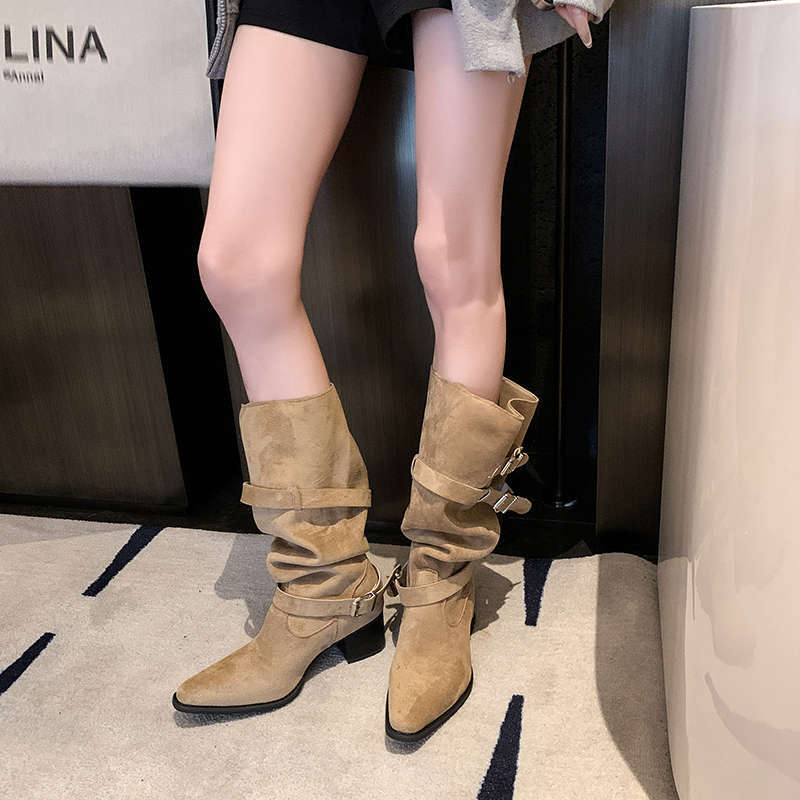 Women's Suede Pointed Toe Chunky Heel Ankle Boots | Sarah Express
