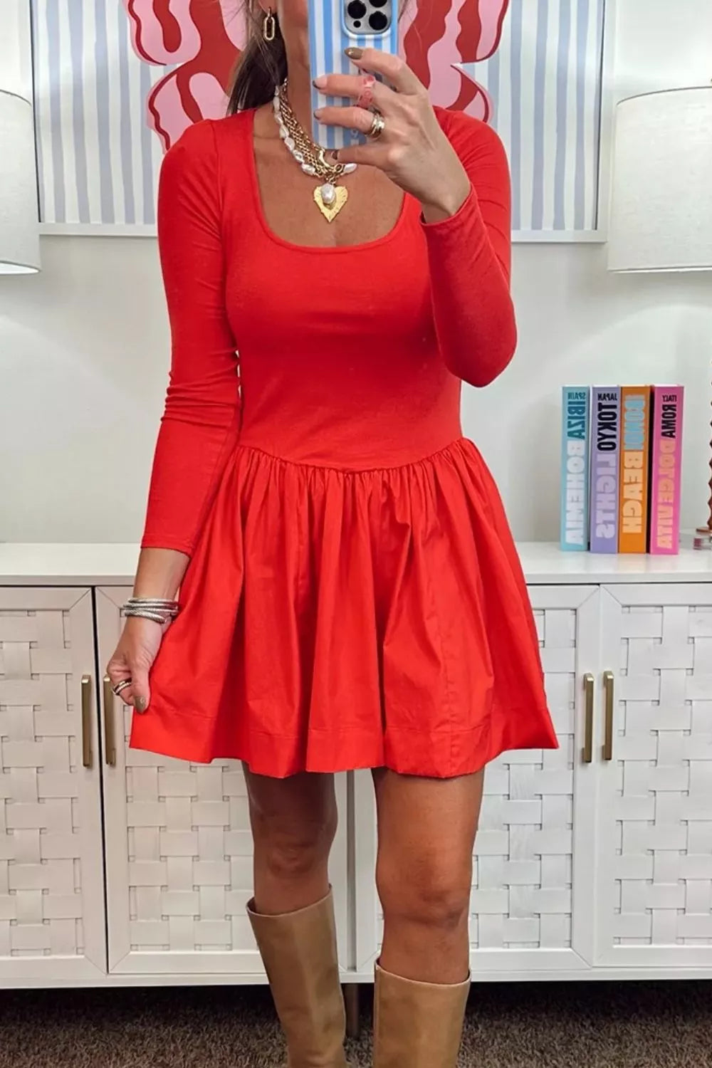 U-Neck Long-Sleeve Fit-and-Flare Mini Dress