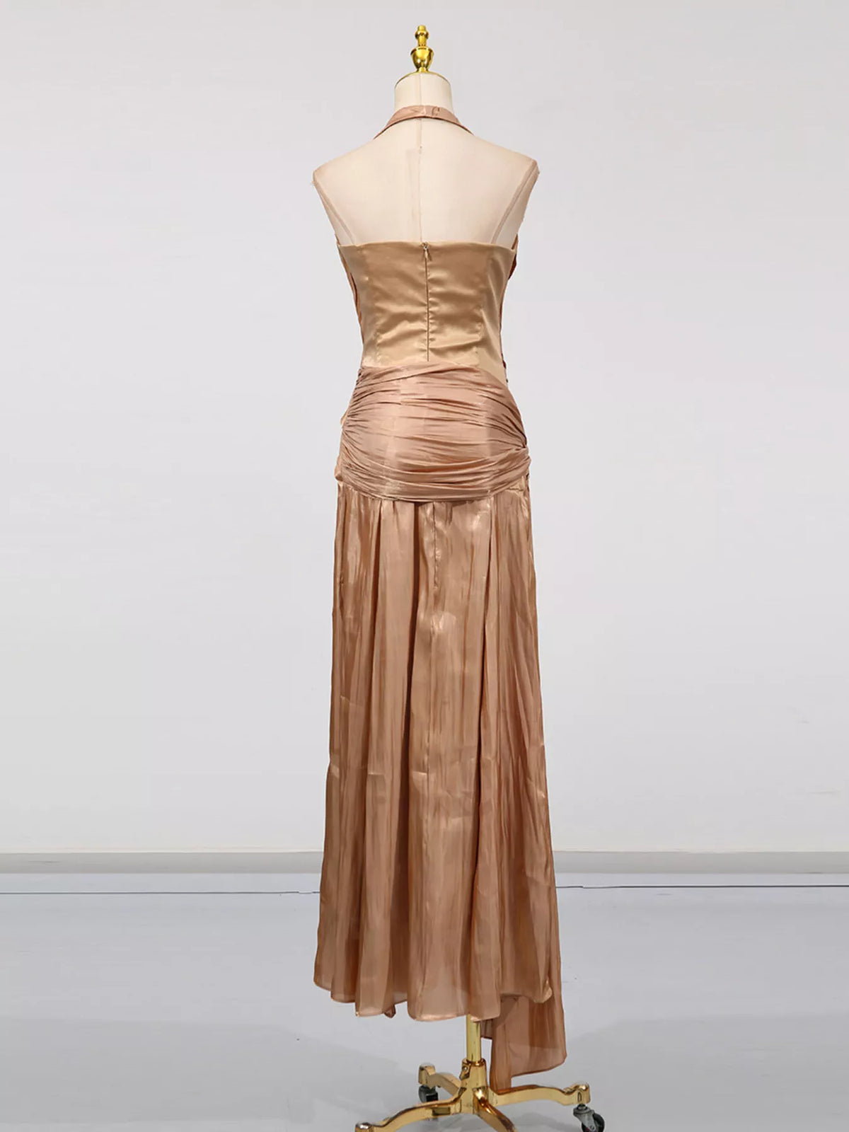 Champagne Ruched Halter-Neck Maxi Dress