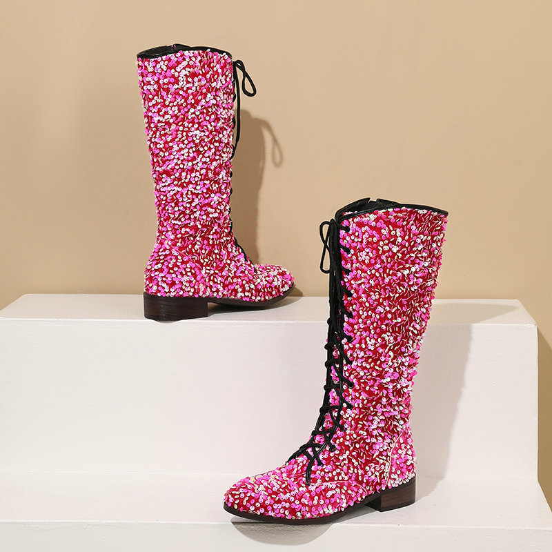 Women's Glitter Sequin Over-the-Knee Boots | Chunky Mid Heel, Lace-Up, Round Toe