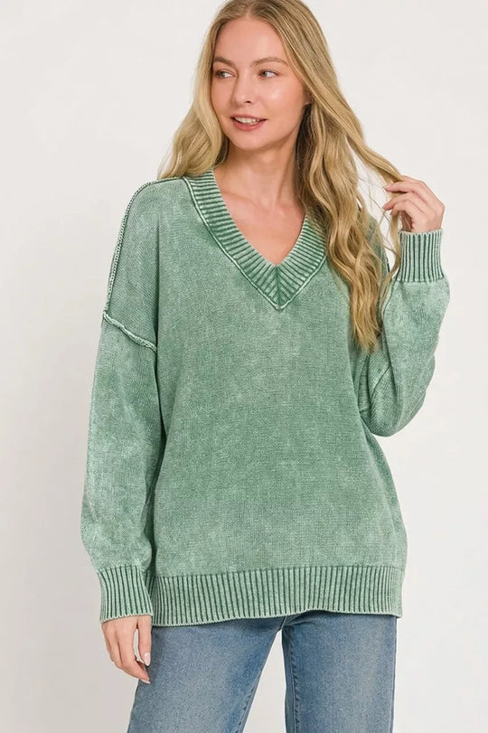 Another view: Zenana Washed Deep V-Neck Oversized Sweater — Dark Green